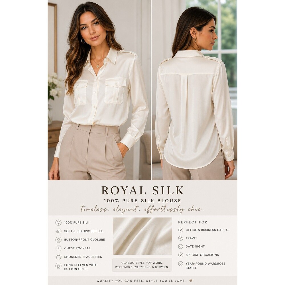 Royal Silk 100% Silk Ivory Button Blouse Shirt Women's Size 8 Long Sleeve